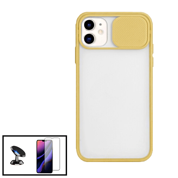 Kit Capa Proteção Camara Deslizante + Película de Vidro Temperado GorilasGlass + Suporte Magnético para Apple iPhone SE 2022 - Amarelo