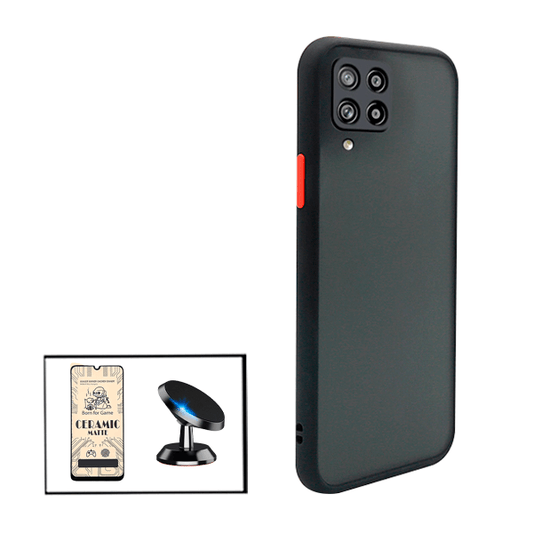 Kit Capa Traseira Proteção Camara + Vidro Temperado Ceramica Full Cover + Suporte Magnético para Samsung Galaxy A12 - Preto