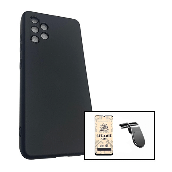 Kit Vidro Temperado Ceramica Full Cover + Capa Proteção Traseira Silicone + Suporte de Carro Magnético L para Samsung Galaxy A32 4G
