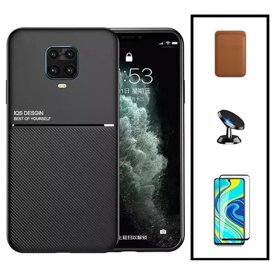 Kit Capa Traseira Magnética Anti Choque + Carteira Magnetica Castanho + Película de Vidro Temperado GorilasGlass + Suporte Magnético para Xiaomi Redmi Note 10 Lite