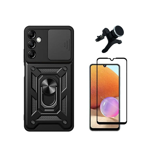 Kit Película de Vidro Temperado GorilasGlass + Capa de Proteção Militar Magnética Janela Deslizante + Suporte Magnético Com Pernas GIFT4ME para Samsung Galaxy A15 5G - Preto