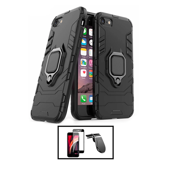 Kit Película de Vidro Temperado GorilasGlass + Capa de Proteção Militar Magnética + Suporte de Carro Magnético L para Apple iPhone SE 2022 - Preto