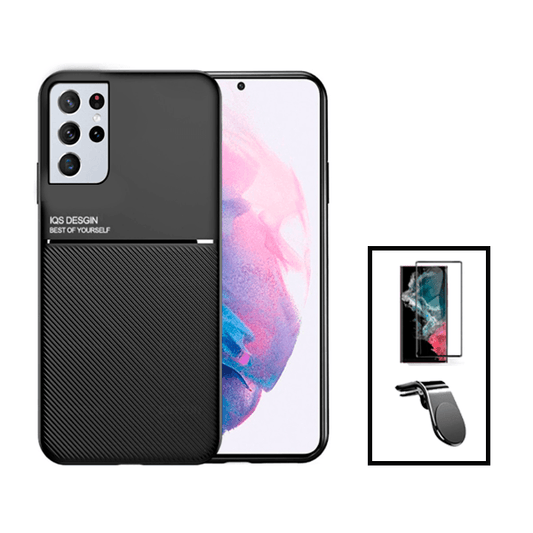 Kit Capa Traseira Magnética Anti Choque + Película de Vidro Temperado GorilasGlass Curvado + Suporte de Carro Magnético L para Samsung Galaxy S22 5G Ultra 5G - Preto