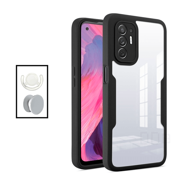 Kit Capa 360° Proteção Frente e Verso + 1 HandHolder + 1 Suporte HandHolder Branco para Oppo F19 Pro+ 5G - Preto