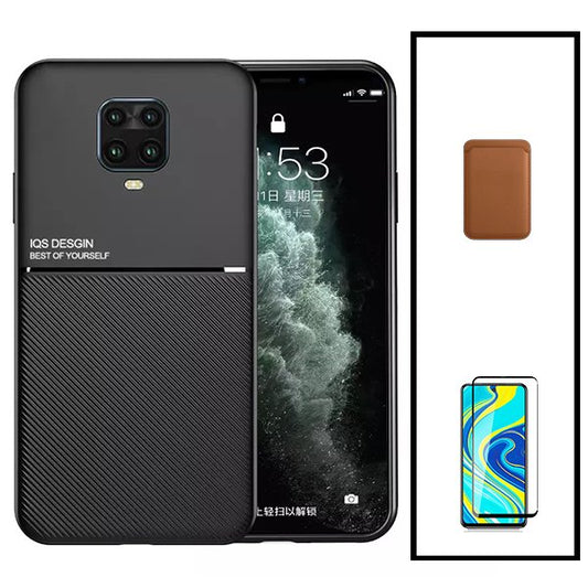 Kit Capa Traseira Magnética Anti Choque + Carteira Magnetica Castanho + Película de Vidro Temperado GorilasGlass para Xiaomi Redmi Note 10 Lite