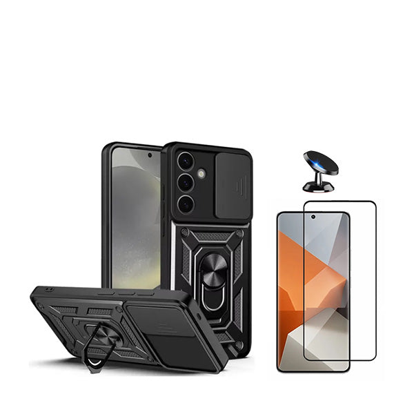Kit Película de Vidro Temperado GorilasGlass + Capa de Proteção Militar Magnética Janela Deslizante + Suporte Magnético GIFT4ME para Samsung Galaxy S24 Plus + 5G - Preto