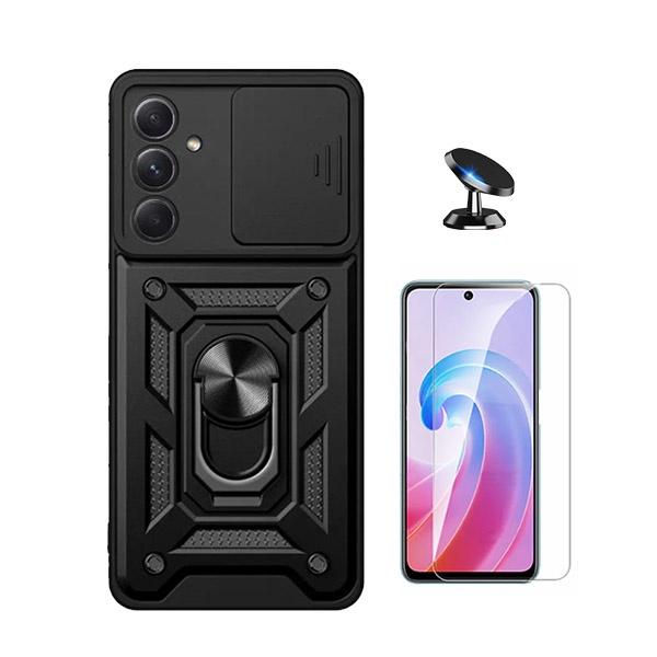 Kit Vidro Temperado ClearGOrilasGlass + Capa de Proteção Militar Magnética Janela Deslizante + Suporte Magnético GIFT4ME para Samsung Galaxy A55 5G - Preto