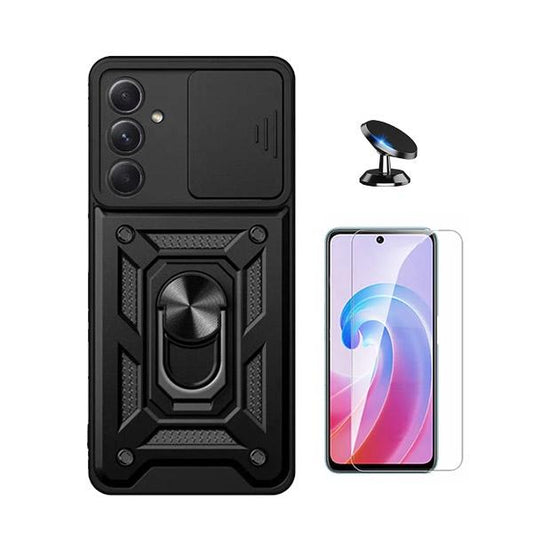 Kit Vidro Temperado ClearGOrilasGlass + Capa de Proteção Militar Magnética Janela Deslizante + Suporte Magnético GIFT4ME para Samsung Galaxy A55 5G - Preto