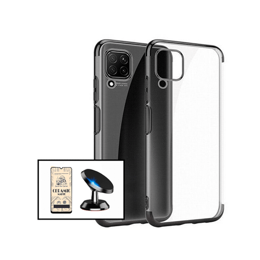 Kit Vidro Temperado Ceramica Full Cover + Capa Proteção Traseira Super Slim + Suporte Magnético para Samsung Galaxy A12 - Preto