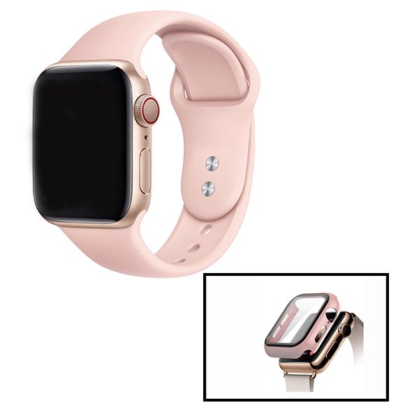KIT Capa de Proteção + Vidro + Bracelete Silicone para Apple Watch Series 7 - 41mm - Rosa