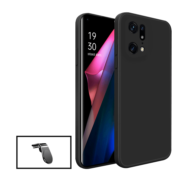Kit Suporte de Carro Magnético L + Capa Proteção Traseira Silicone para Oppo Find X5 - Preto