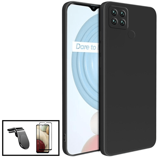 Kit Película de Vidro Temperado GorilasGlass + Capa Proteção Traseira Silicone + Suporte de Carro Magnético L para Realme C25Y - Preto