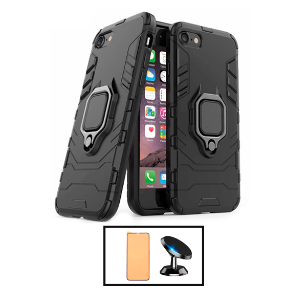 Kit Vidro Temperado Ceramica Full Cover + Capa de Proteção Militar Magnética + Suporte Magnético para Apple iPhone SE 2022 - Preto