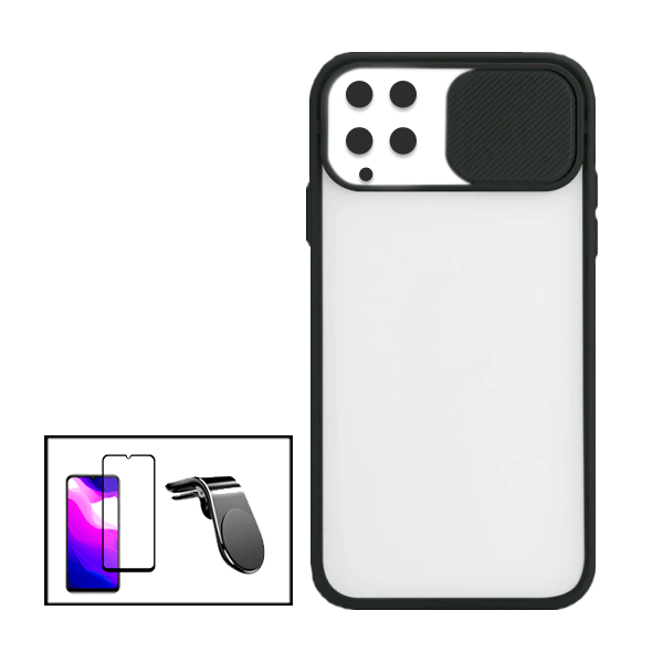 Kit Capa Proteção Camara Deslizante + Película de Vidro Temperado GorilasGlass + Suporte de Carro Magnético L para Samsung Galaxy A22 4G - Preto