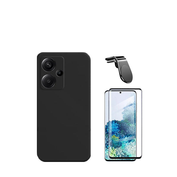 Kit Película de Vidro Temperado GorilasGlass + Capa Proteção Traseira Silicone + Suporte de Carro Magnético L GIFT4ME para Xiaomi Redmi Note 13 Pro+ Plus - Preto