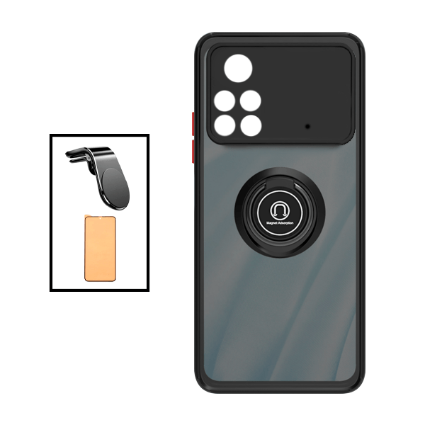 Kit Capa Traseira Proteção Camara + Vidro Temperado Ceramica Full Cover + Suporte de Carro Magnético L para Xiaomi Poco X4 Pro 5G - Preto