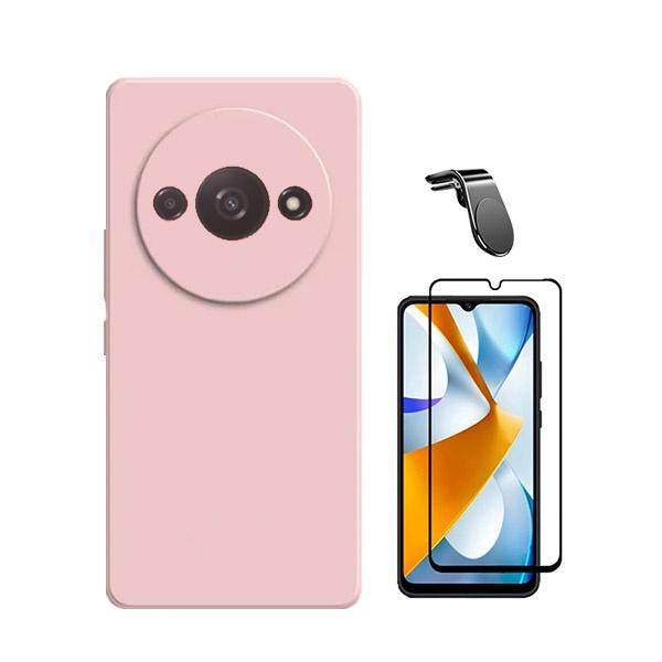 Kit Película de Vidro Temperado GOrilasGlass + Capa Proteção Traseira Silicone + Suporte de Carro Magnético L GIFT4ME para Xiaomi Redmi A3 - Rosa