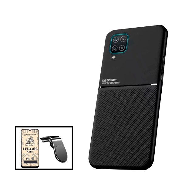 Kit Capa Traseira Magnética Anti Choque + Vidro Temperado Ceramica Full Cover + Suporte Magnético L para Samsung Galaxy A12