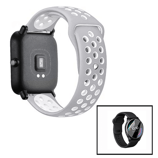 Kit Bracelete Desportiva + Película de Hydrogel para Amazfit GTR 3 - 47mm - Cinza / Branco