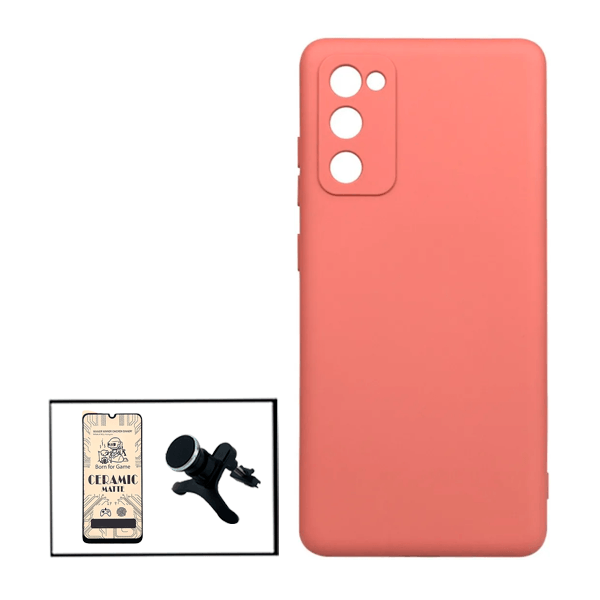 Kit Vidro Temperado Ceramica Full Cover + Capa Proteção Traseira Silicone + Suporte Magnético Com Pernas para Samsung Galaxy F02s - Rosa