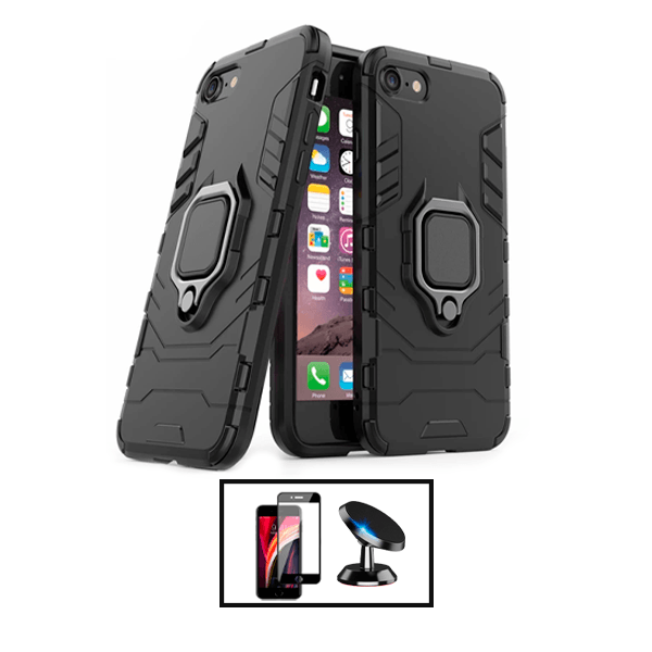 Kit Película de Vidro Temperado GorilasGlass + Capa de Proteção Militar Magnética + Suporte Magnético para Apple iPhone SE 2022 - Preto