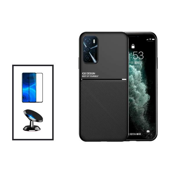 Kit Capa Traseira Magnética Anti Choque + Película de Vidro Temperado GorilasGlass + Suporte Magnético para Oppo A16 - Preto