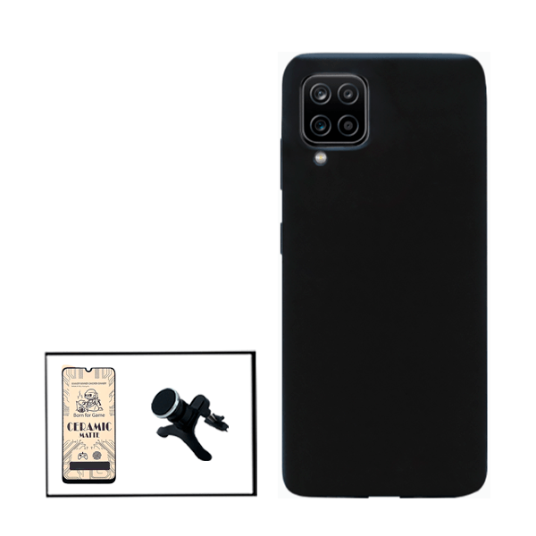Kit Vidro Temperado Ceramica Full Cover + Capa Proteção Traseira Silicone + Suporte Magnético Com Pernas para Samsung Galaxy A12 Nacho
