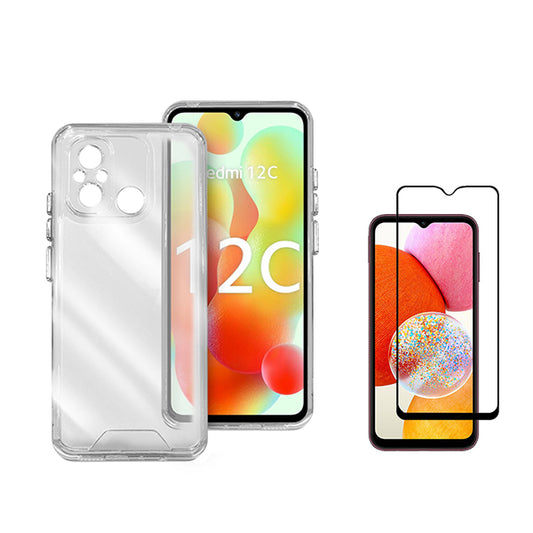 Kit Capa Traseira Super Proteção Transparente + Película de Vidro Temperado GorilasGlass Phonecare para Xiaomi Redmi 12C - Transparente