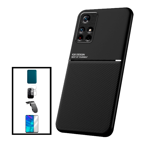 Kit Capa Traseira Magnética Anti Choque + Carteira Magnética Azul + Película de Vidro Temperado GorilasGlass + Película Protectora para Câmara Traseira + Suporte Magnético L para Xiaomi Poco M4 Pro 5G