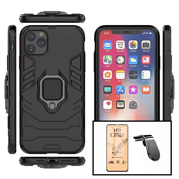 Kit Vidro Temperado Ceramica Full Cover + Capa de Proteção Militar Magnética + Suporte de Carro Magnético L para iPhone 13