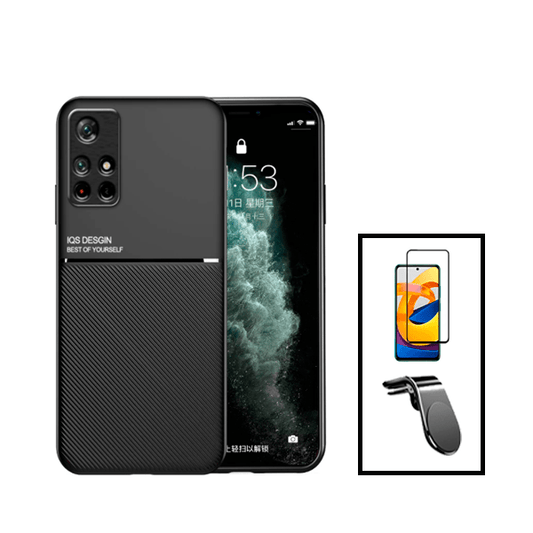 Kit Capa Traseira Magnética Anti Choque + Película de Vidro Temperado GorilasGlass + Suporte de Carro Magnético L para Xiaomi Poco M4 Pro - Preto