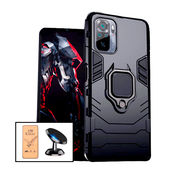 Kit Vidro Temperado Ceramica Full Cover + Capa de Proteção Militar Magnética + Suporte Magnético para Xiaomi Redmi Note 10