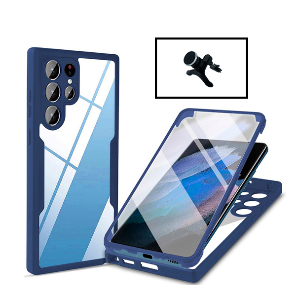 Kit Capa 360° Proteção Frente e Verso + Suporte Magnético Com Pernas para Samsung Galaxy S22 Ultra 5G - Azul Escuro