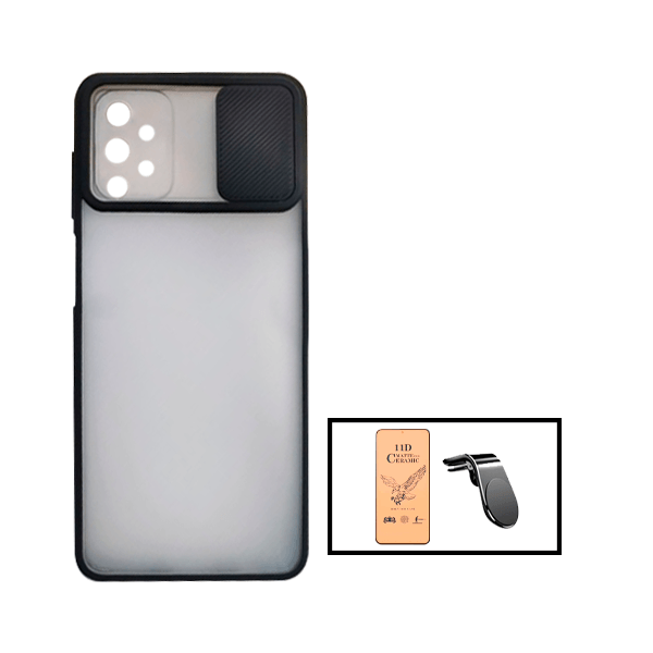 Kit Capa Proteção Camara Deslizante + Vidro Temperado Ceramica Full Cover + Suporte Magnético L para Samsung Galaxy A52 - Preto