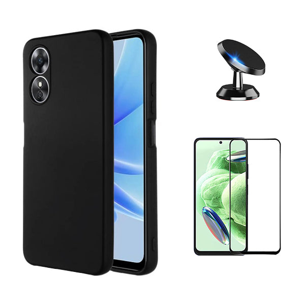 Kit Película de Vidro Temperado GorilasGlass + Capa Proteção Traseira Silicone + Suporte Magnético GIFT4ME para Oppo A58 4G - Preto