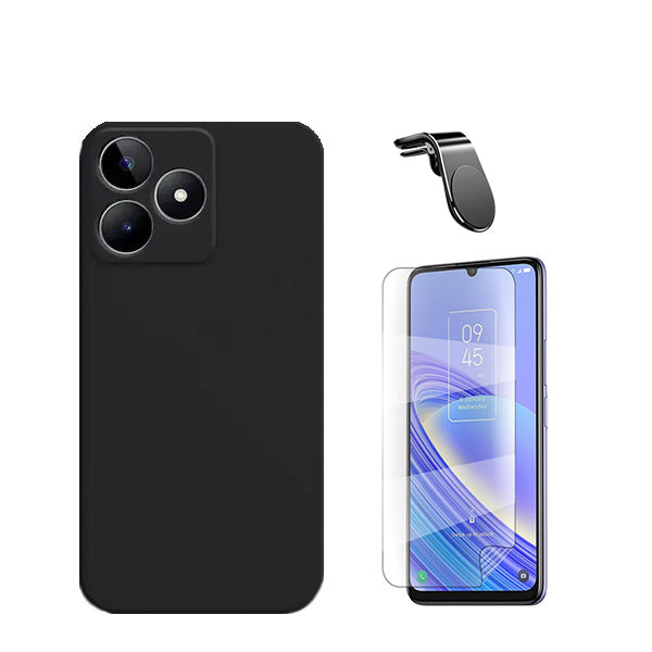 Kit Película Protectora de Hydrogel Frente + Capa Proteção Traseira Silicone + Suporte de Carro Magnético L GIFT4ME para Realme C53 - Preto