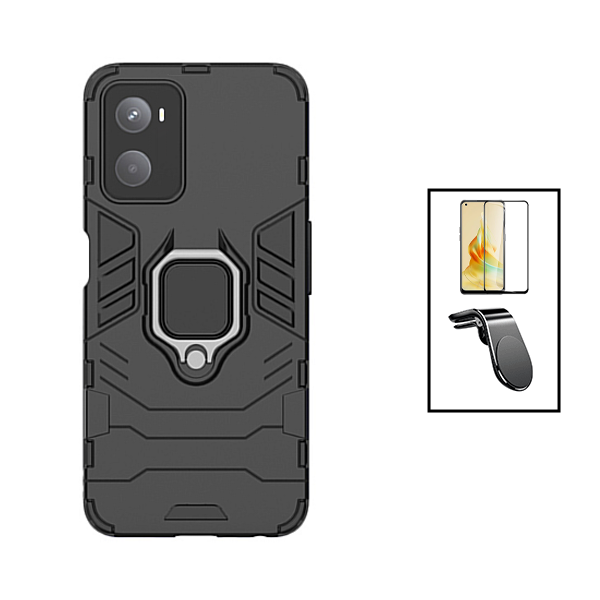 Kit Película de Vidro Temperado GorilasGlass + Capa de Proteção Militar Magnética + Suporte de Carro Magnético L para Oppo A76 - Preto