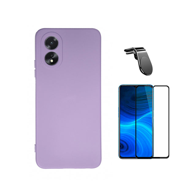 Kit Película de Vidro Temperado GorilasGlass + Capa Proteção Traseira Silicone + Suporte de Carro Magnético L Phonecare para Oppo A38 4G - Roxo