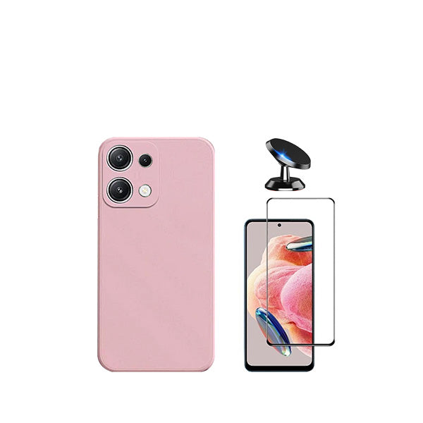 Kit Película de Vidro Temperado GorilasGlass + Capa Proteção Traseira Silicone + Suporte Magnético GIFT4ME para Xiaomi Redmi Note 13 4G - Rosa
