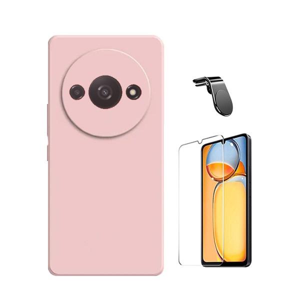 Kit Vidro Temperado ClearGOrilasGlass + Capa Proteção Traseira Silicone + Suporte de Carro Magnético L GIFT4ME para Xiaomi Redmi A3 - Rosa