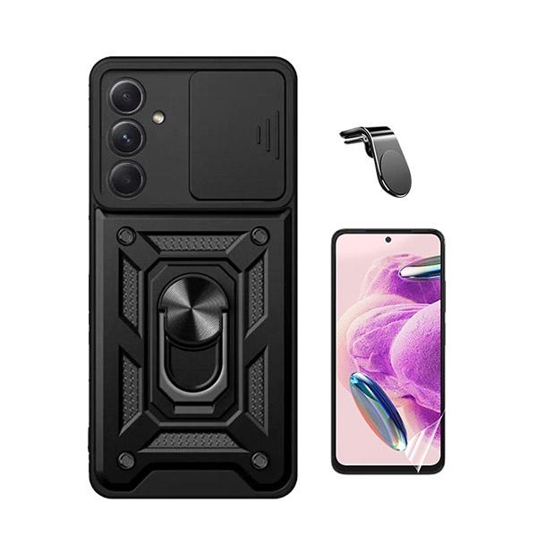 Kit Película ProtectOra de Hydrogel Frente + Capa de Proteção Militar Magnética Janela Deslizante + Suporte Magnético L GIFT4ME para Samsung Galaxy A55 5G - Preto