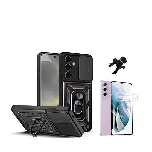 Kit Película Protectora de Hydrogel Frente + Capa de Proteção Militar Magnética Janela Deslizante + Suporte Magnético Com Pernas GIFT4ME para Samsung Galaxy S24 5G - Preto