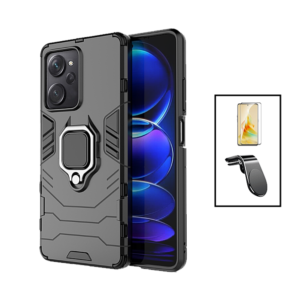 Kit Película de Vidro Temperado GorilasGlass + Capa de Proteção Militar Magnética + Suporte de Carro Magnético L para Xiaomi Poco X5 Pro - Preto