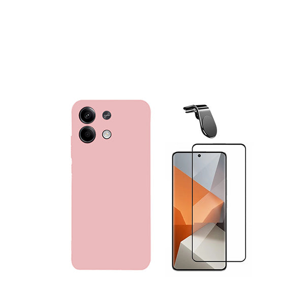 Kit Película de Vidro Temperado GorilasGlass + Capa Proteção Traseira Silicone + Suporte de Carro Magnético L GIFT4ME para Xiaomi Redmi Note 13 Pro - Rosa