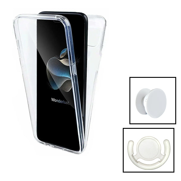 Kit Capa 360° Proteção Frente e Verso + 1 HandHolder + 1 Suporte HandHolder Branco para Apple iPhone 15 Pro Max - Transparente/Branco