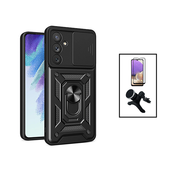 Kit Película de Vidro Temperado GorilasGlass + Capa de Proteção Militar Magnética Janela Deslizante + Suporte Magnético Com Pernas para Samsung Galaxy A34 5G - Preto