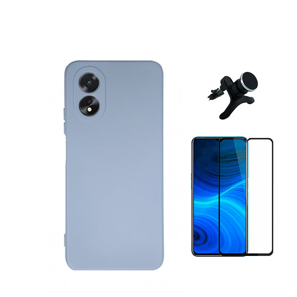 Kit Película de Vidro Temperado GorilasGlass + Capa Proteção Traseira Silicone + Suporte Magnético Com Pernas Phonecare para Oppo A38 4G - Azul Claro