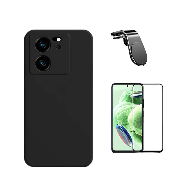 Kit Película de Vidro Temperado GorilasGlass + Capa Proteção Traseira Silicone + Suporte de Carro Magnético L GIFT4ME para Xiaomi 13T - Preto