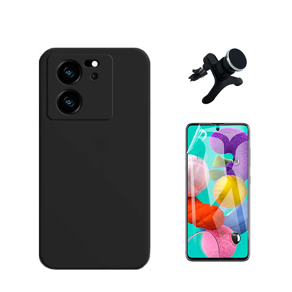 Kit Película Protectora de Hydrogel Frente + Capa Proteção Traseira Silicone + Suporte Magnético Com Pernas GIFT4ME para Xiaomi 13T Pro - Preto