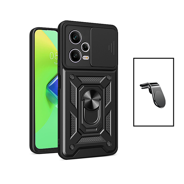 Kit Suporte de Carro Magnético L + Capa de Proteção Militar Magnética Janela Deslizante para Xiaomi Redmi Note 12 - Preto